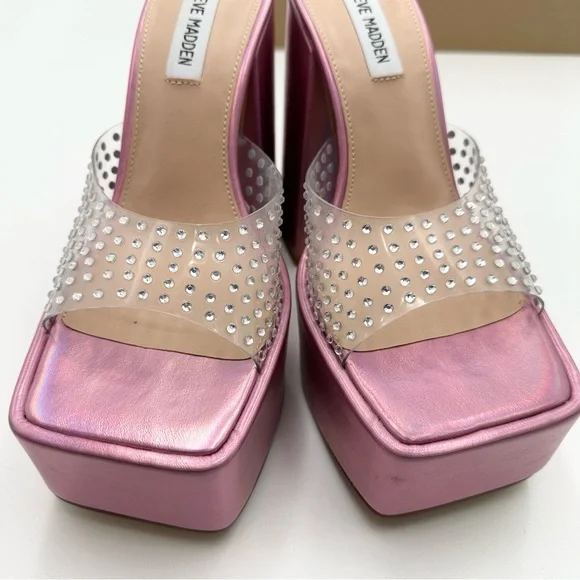 Steve Madden Ruby Embellished Heeled Platform Sandals Iridescent Pink - Picture 4 of 14